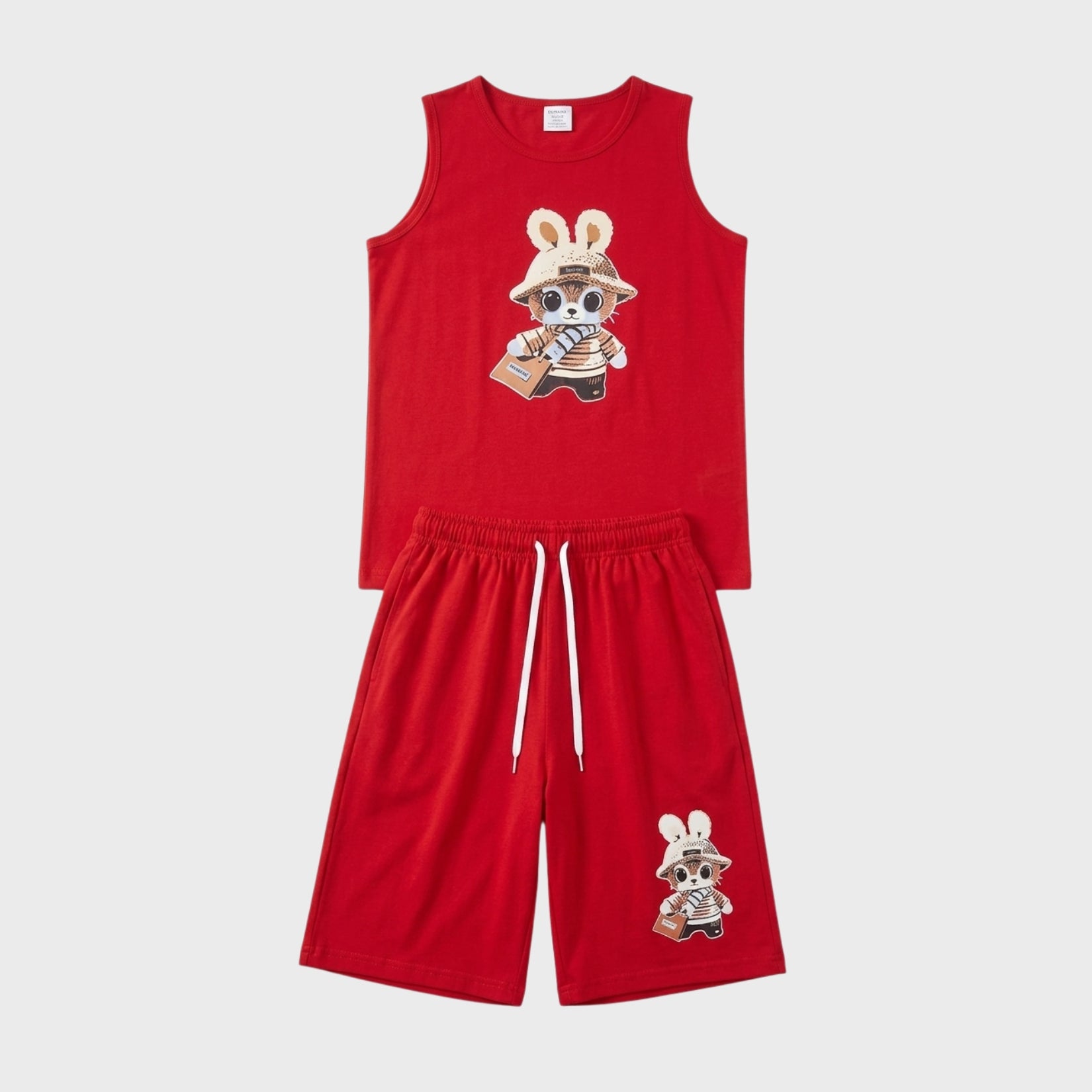 Red Cartoon Print Tank Top & Shorts Set