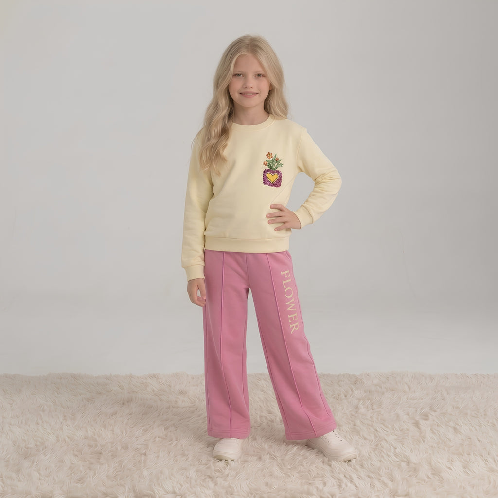 Girls Floral Yellow & Pink Sweatshirt Set
