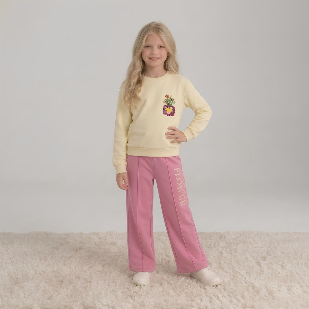 Girls Floral Yellow & Pink Sweatshirt Set