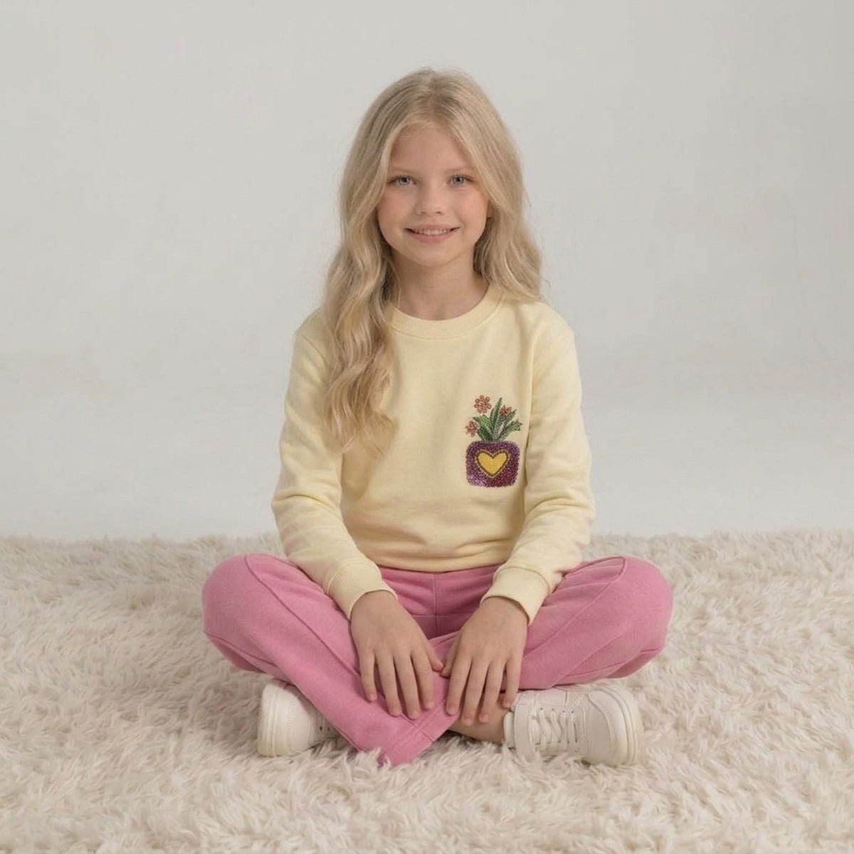 Girls Floral Yellow & Pink Sweatshirt Set