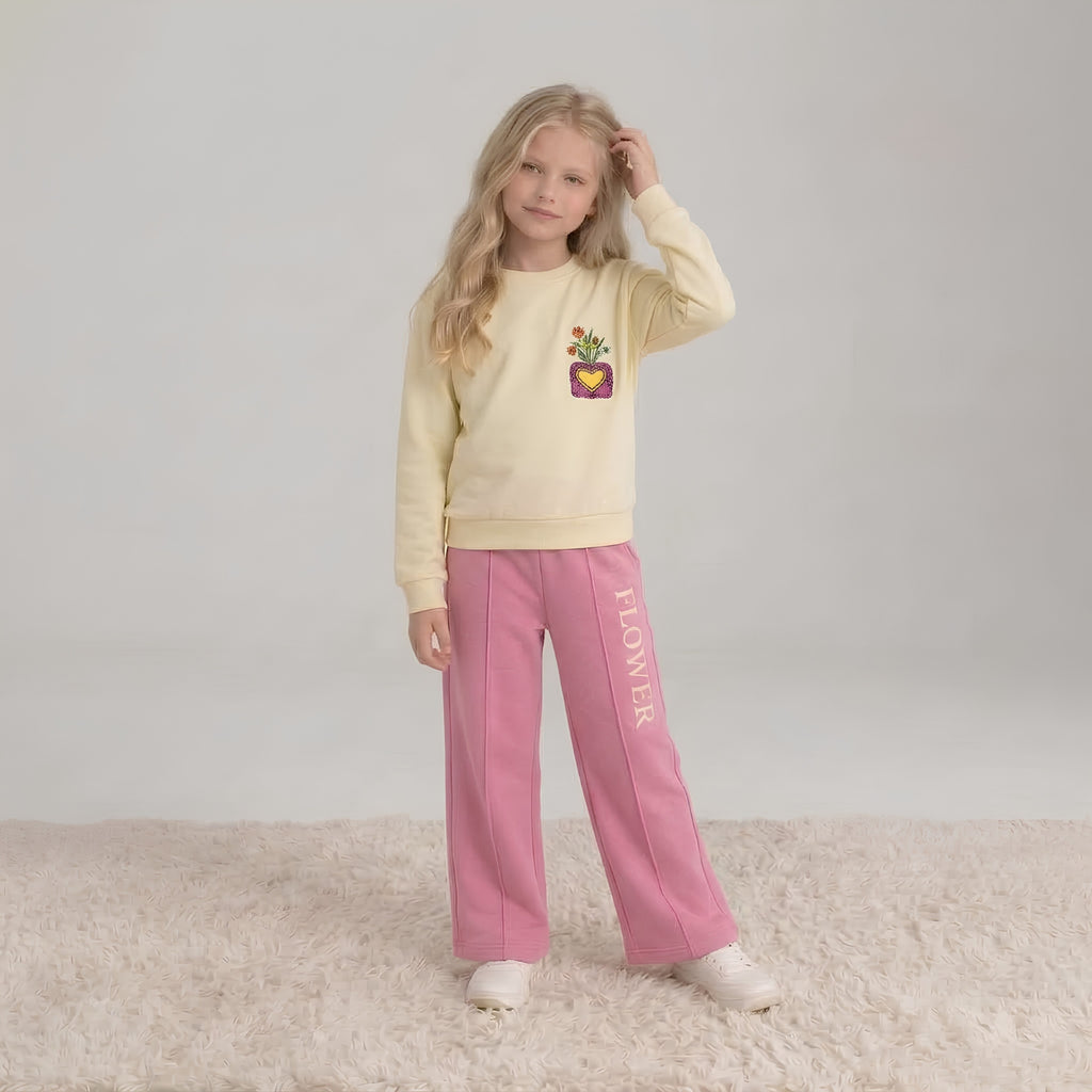 Girls Floral Yellow & Pink Sweatshirt Set