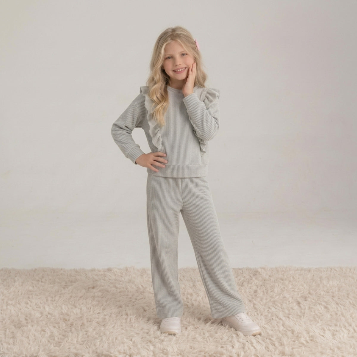 Girls Grey Ribbed Ruffle Set
