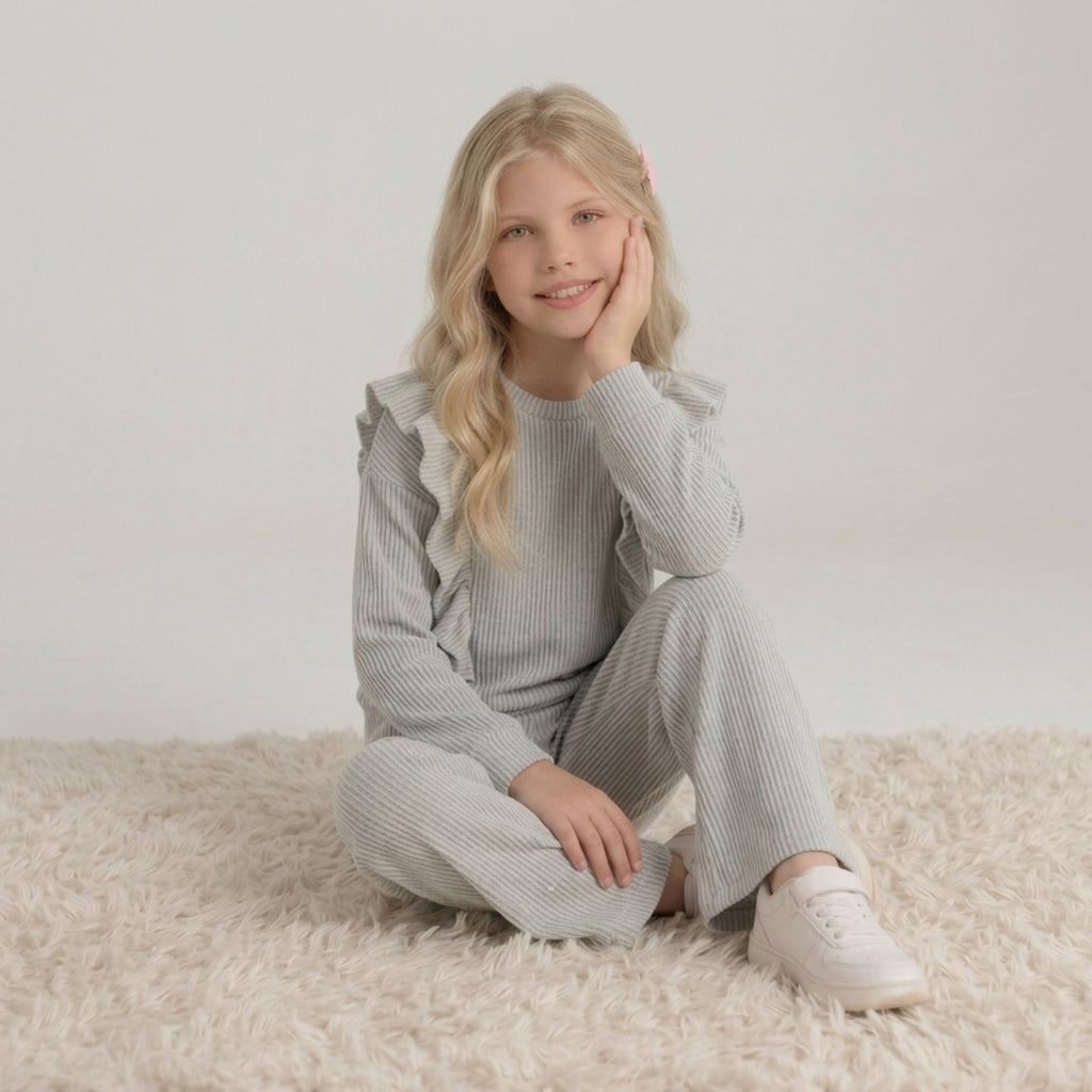 Girls Grey Ribbed Ruffle Set