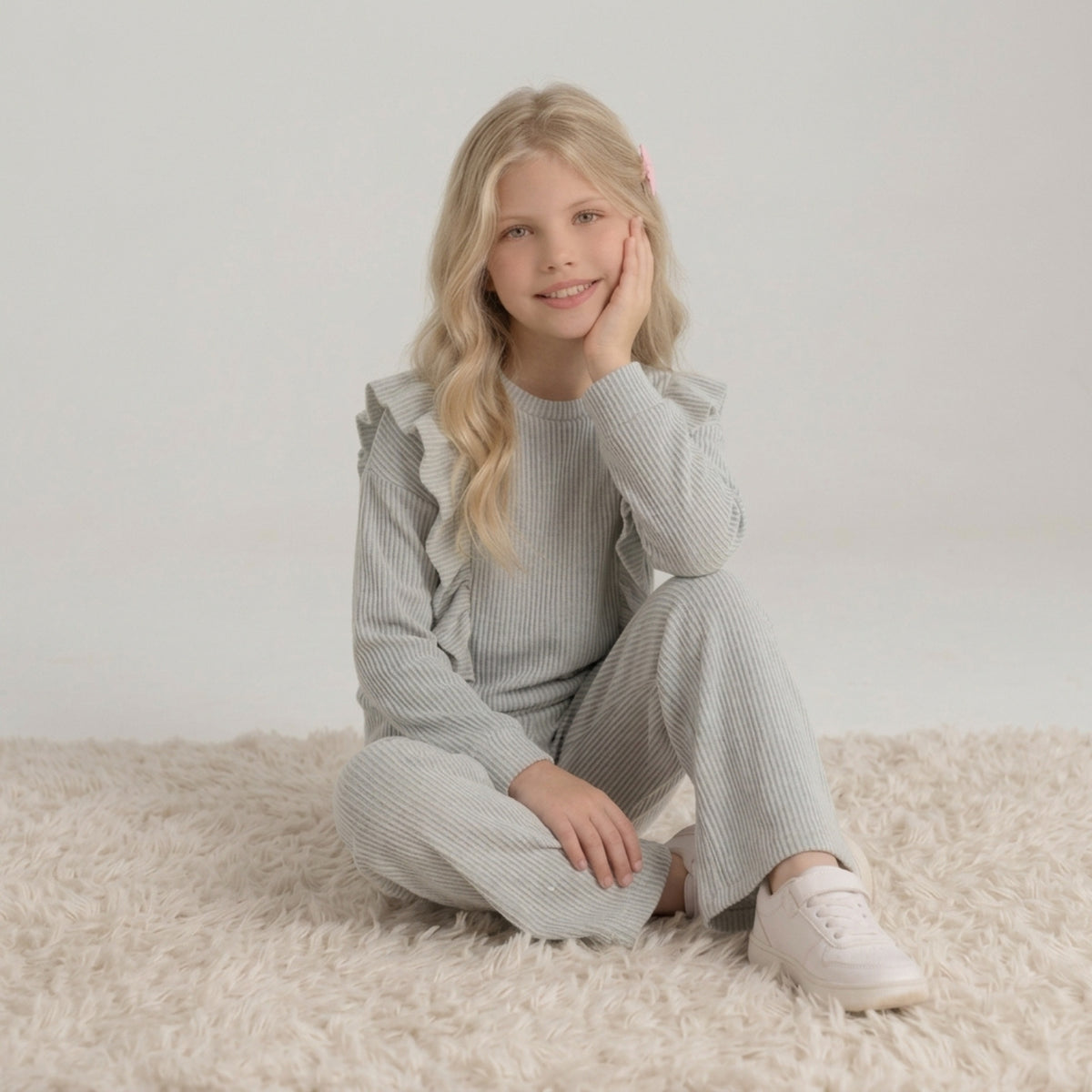 Girls Grey Ribbed Ruffle Set