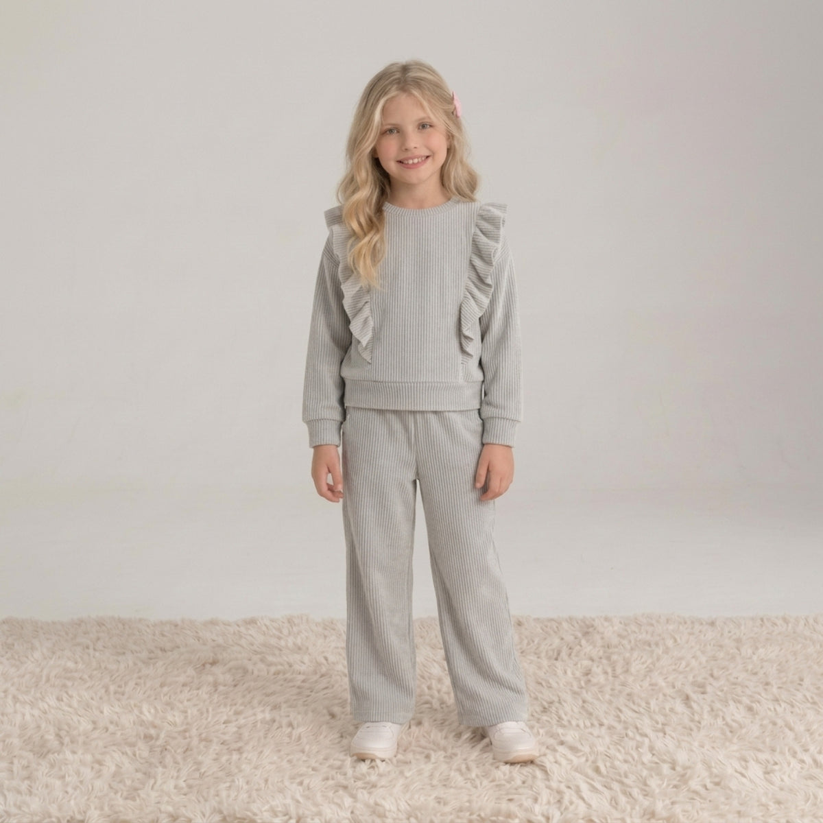 Girls Grey Ribbed Ruffle Set