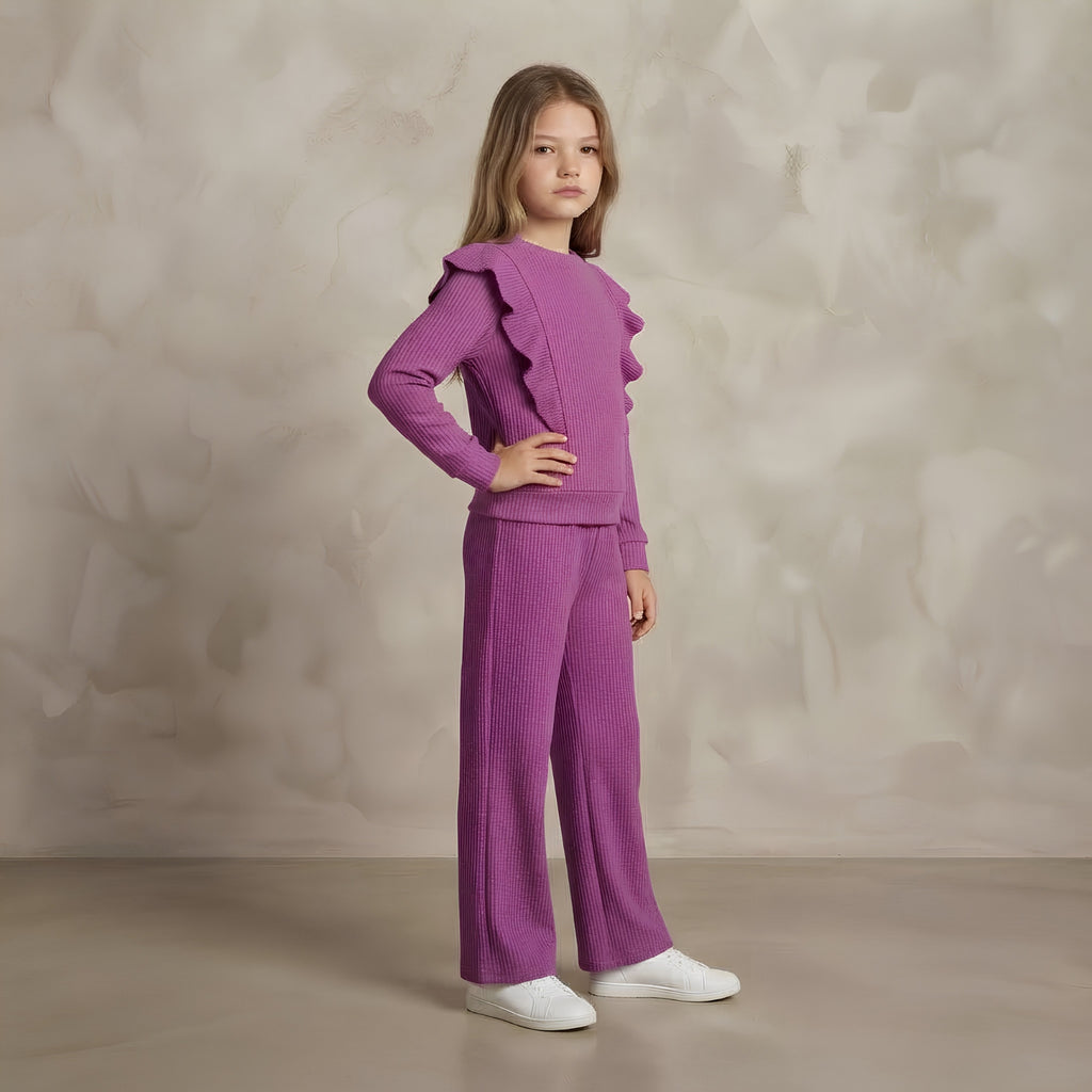 Girls Purple Ribbed Ruffle Set