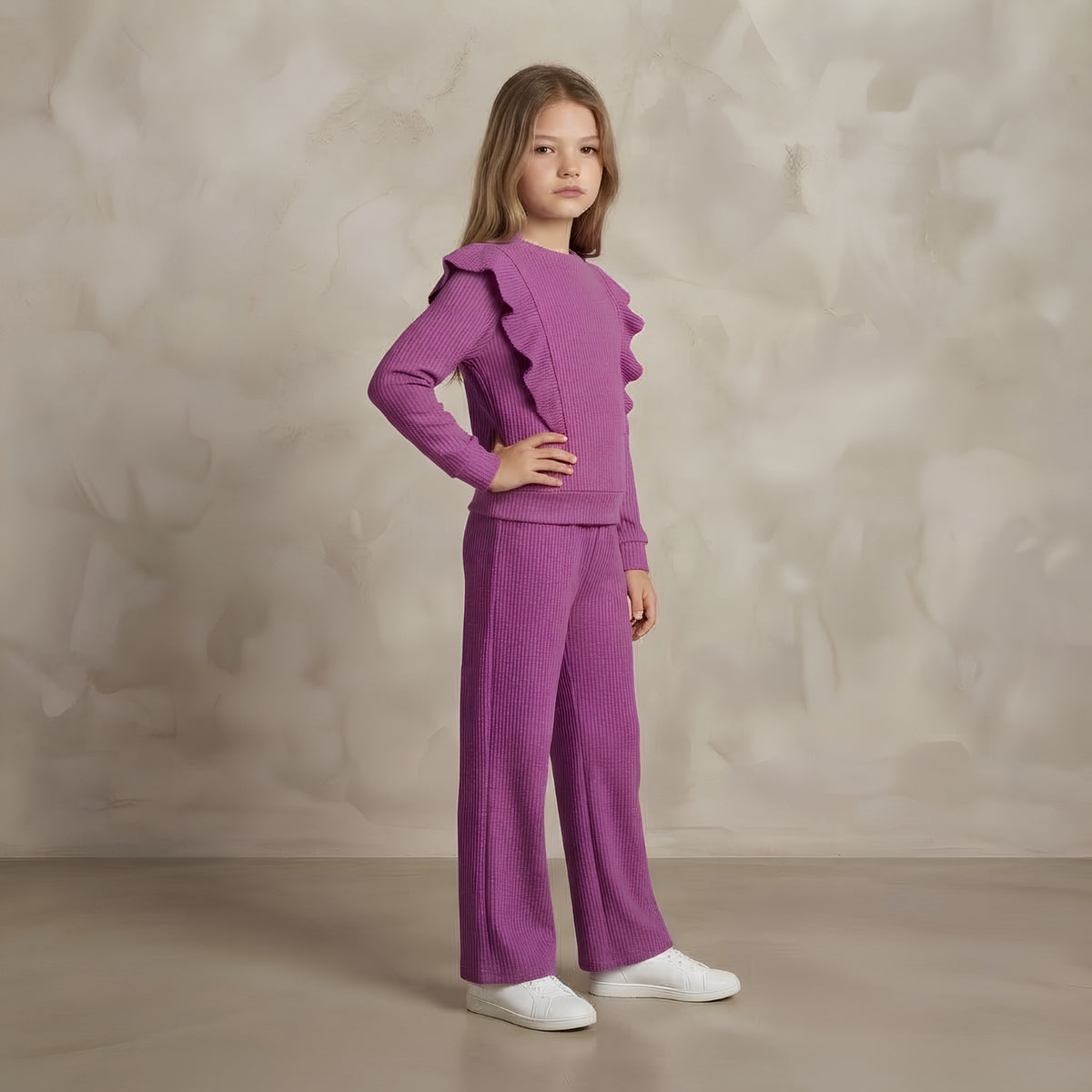Girls Purple Ribbed Ruffle Set