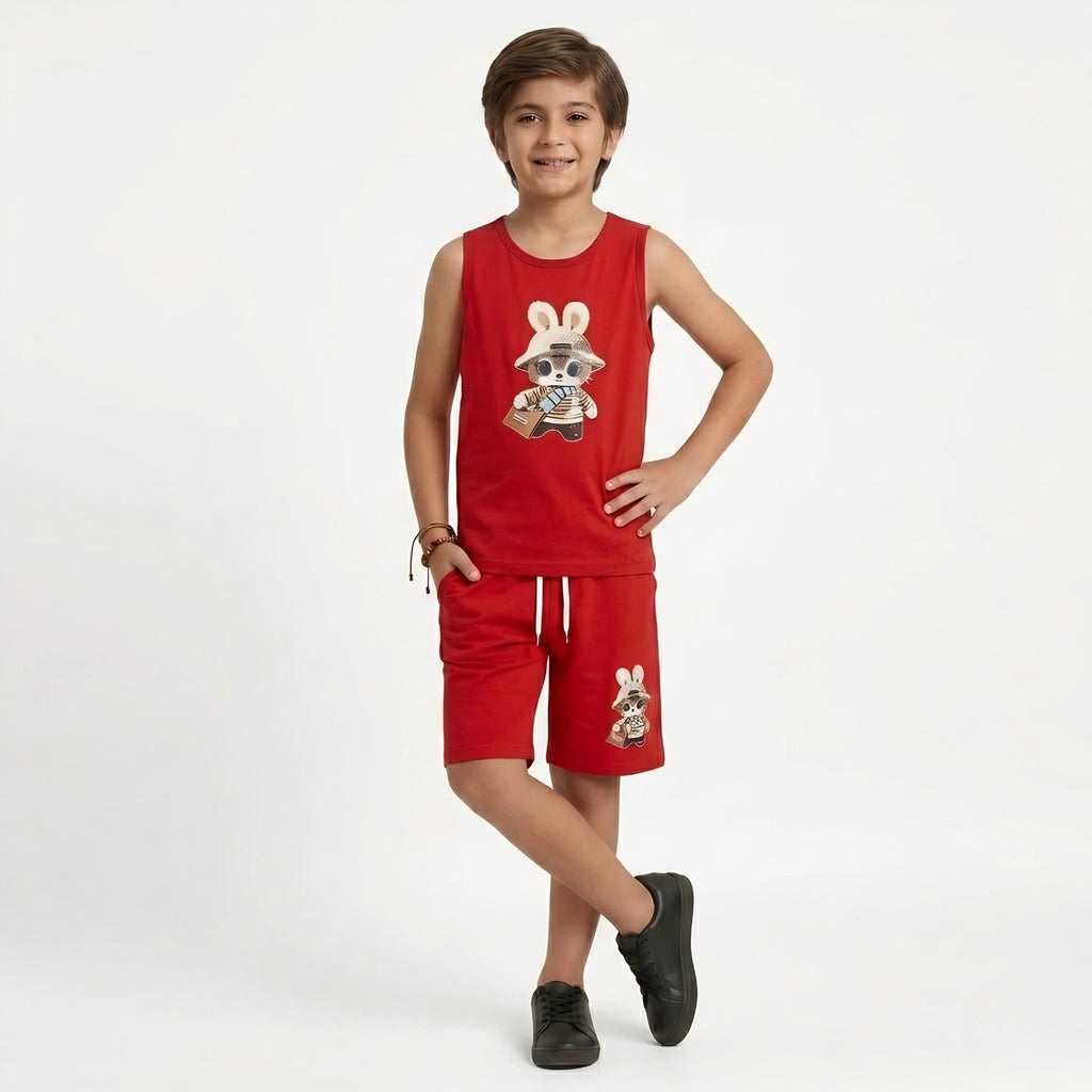Red Cartoon Print Tank Top & Shorts Set