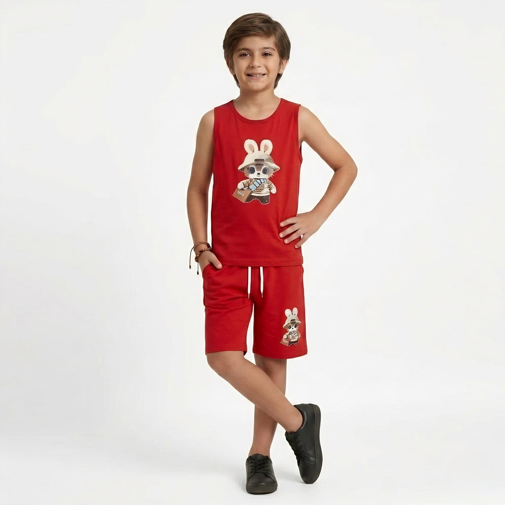 Red Cartoon Print Tank Top & Shorts Set