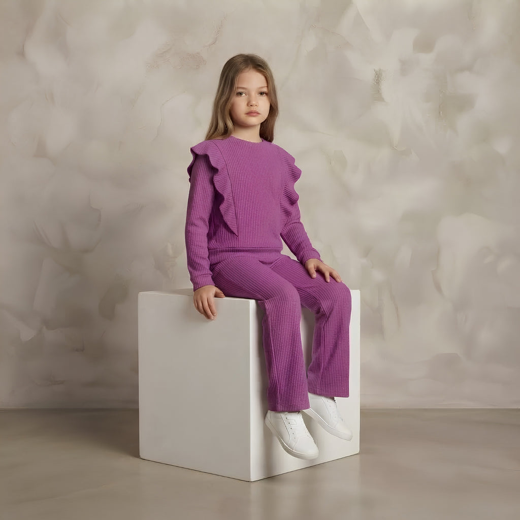 Girls Purple Ribbed Ruffle Set