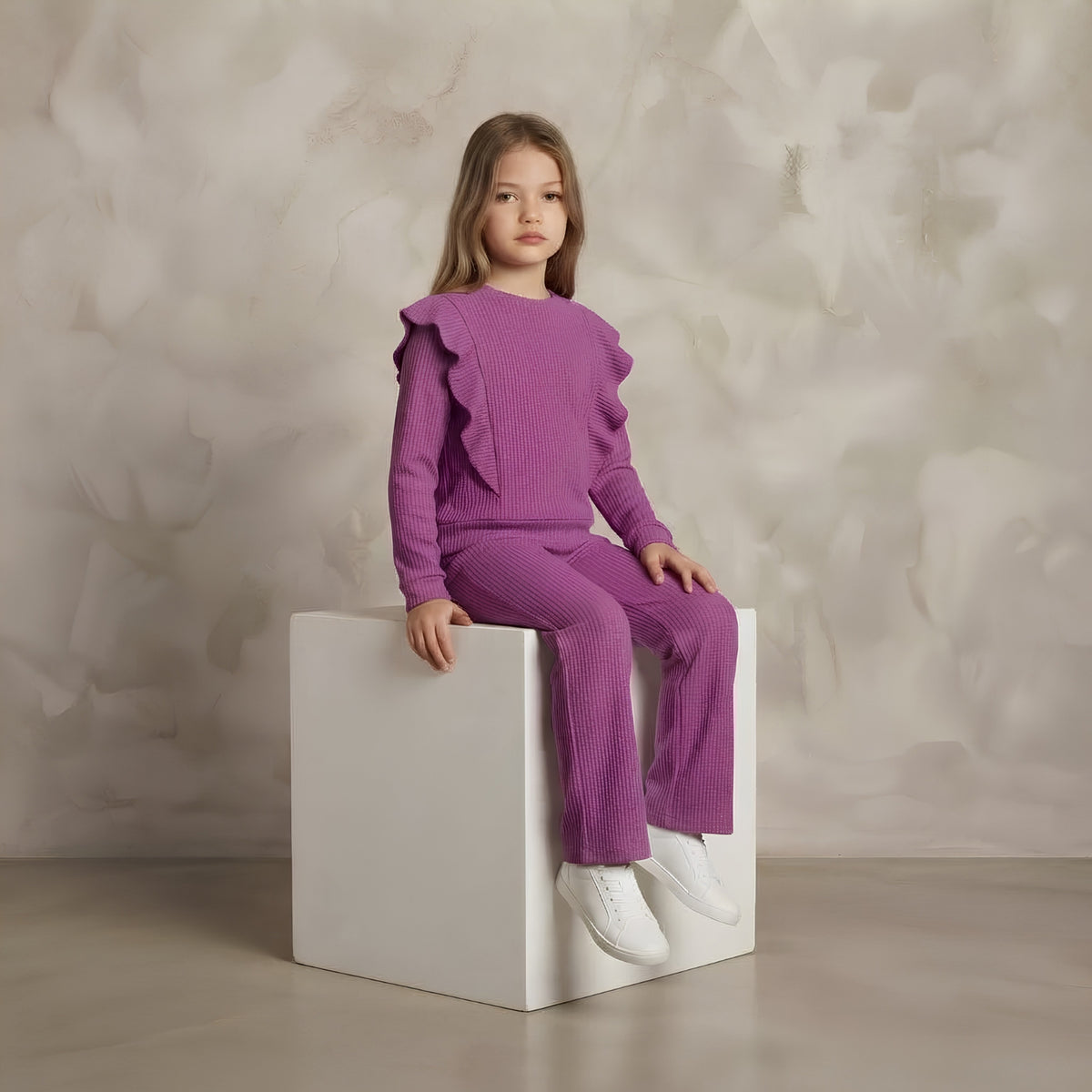 Girls Purple Ribbed Ruffle Set