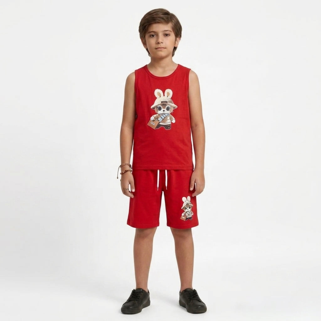 Red Cartoon Print Tank Top & Shorts Set
