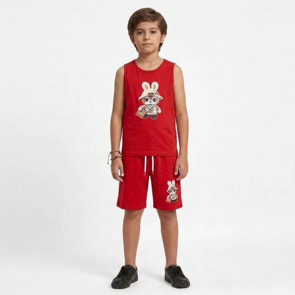 Red Cartoon Print Tank Top & Shorts Set