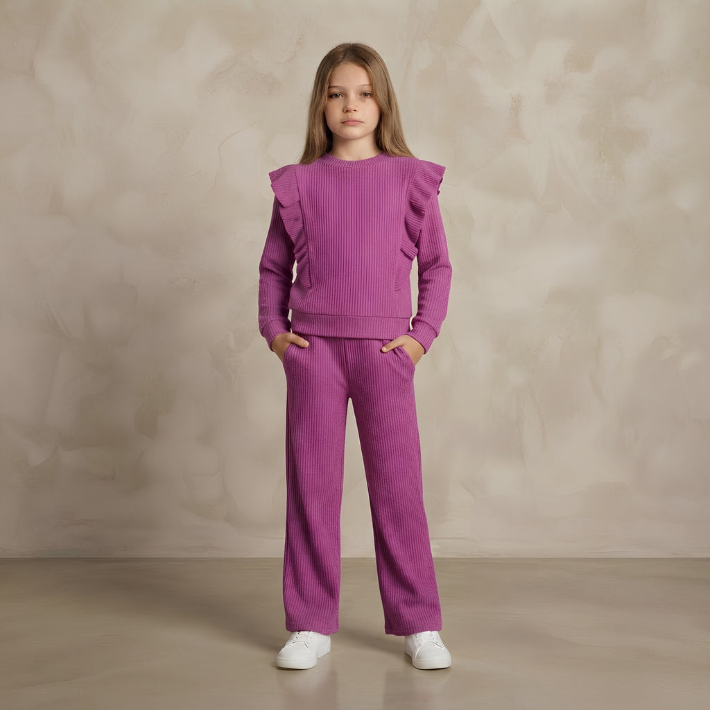 Girls Purple Ribbed Ruffle Set