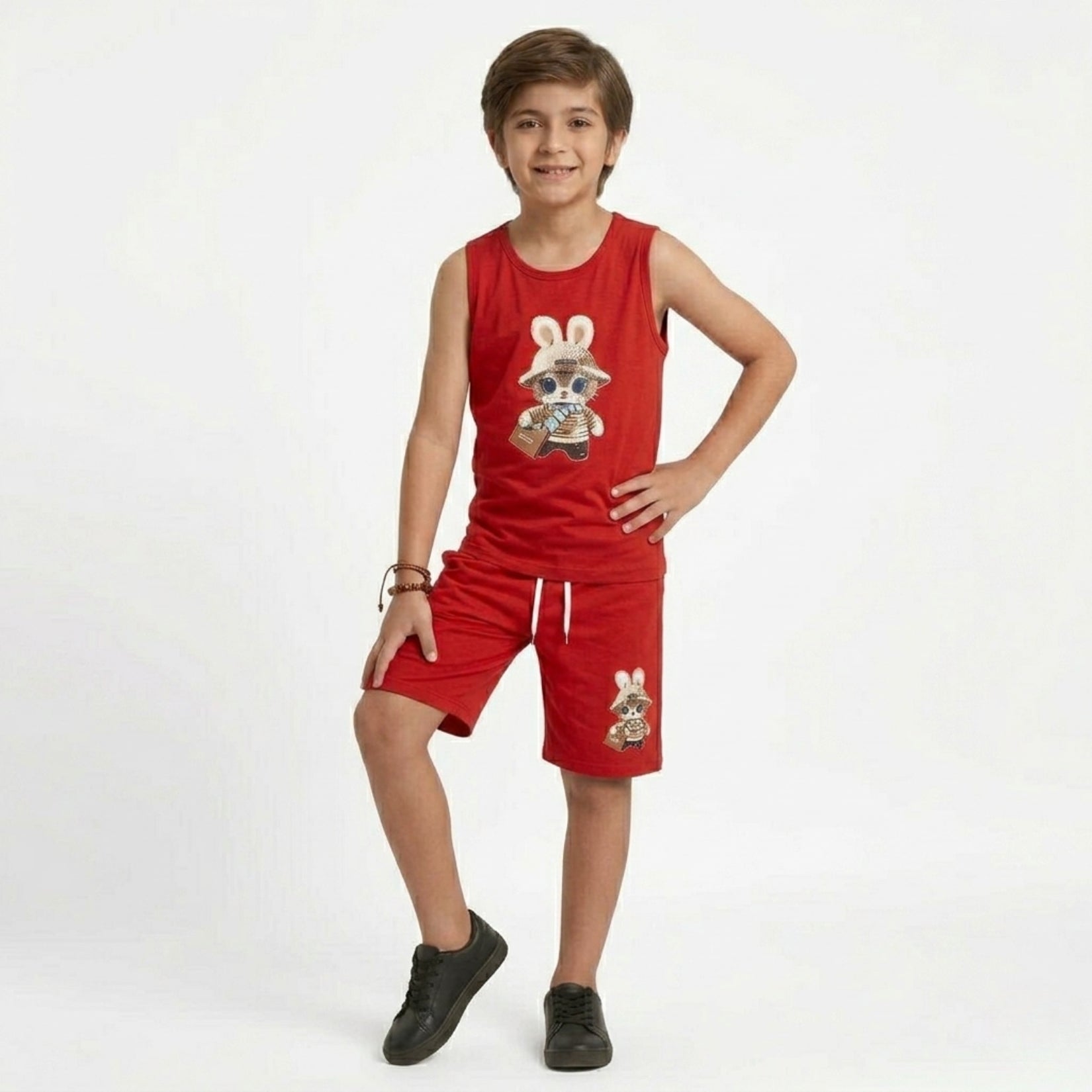 Red Cartoon Print Tank Top & Shorts Set