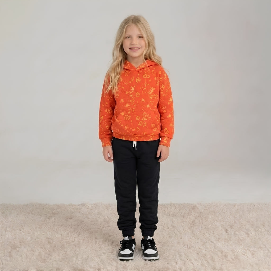 Girls Orange Floral Hoodie Set