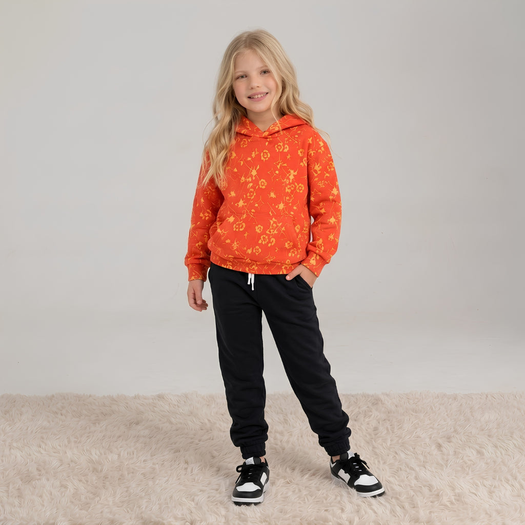 Girls Orange Floral Hoodie Set