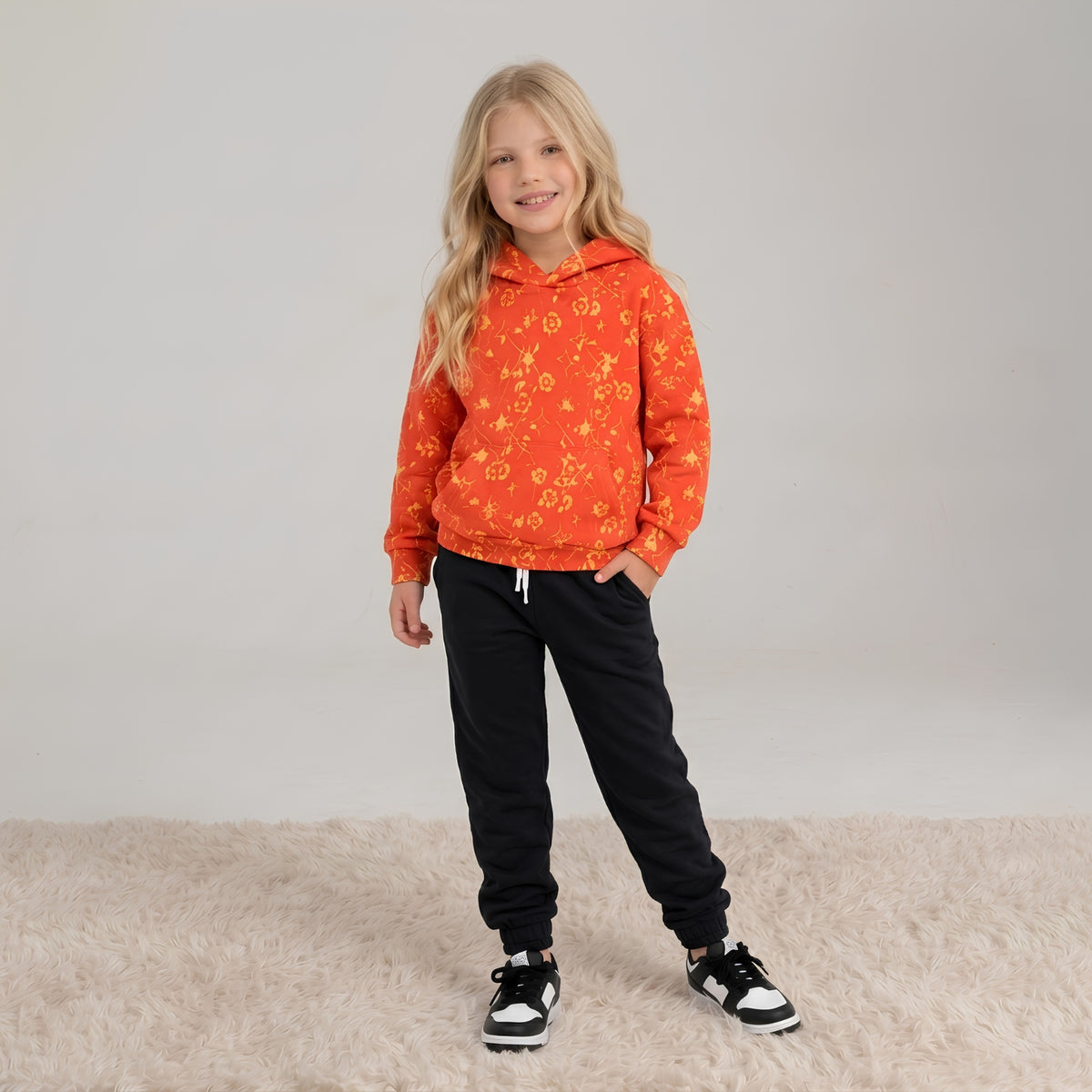 Girls Orange Floral Hoodie Set