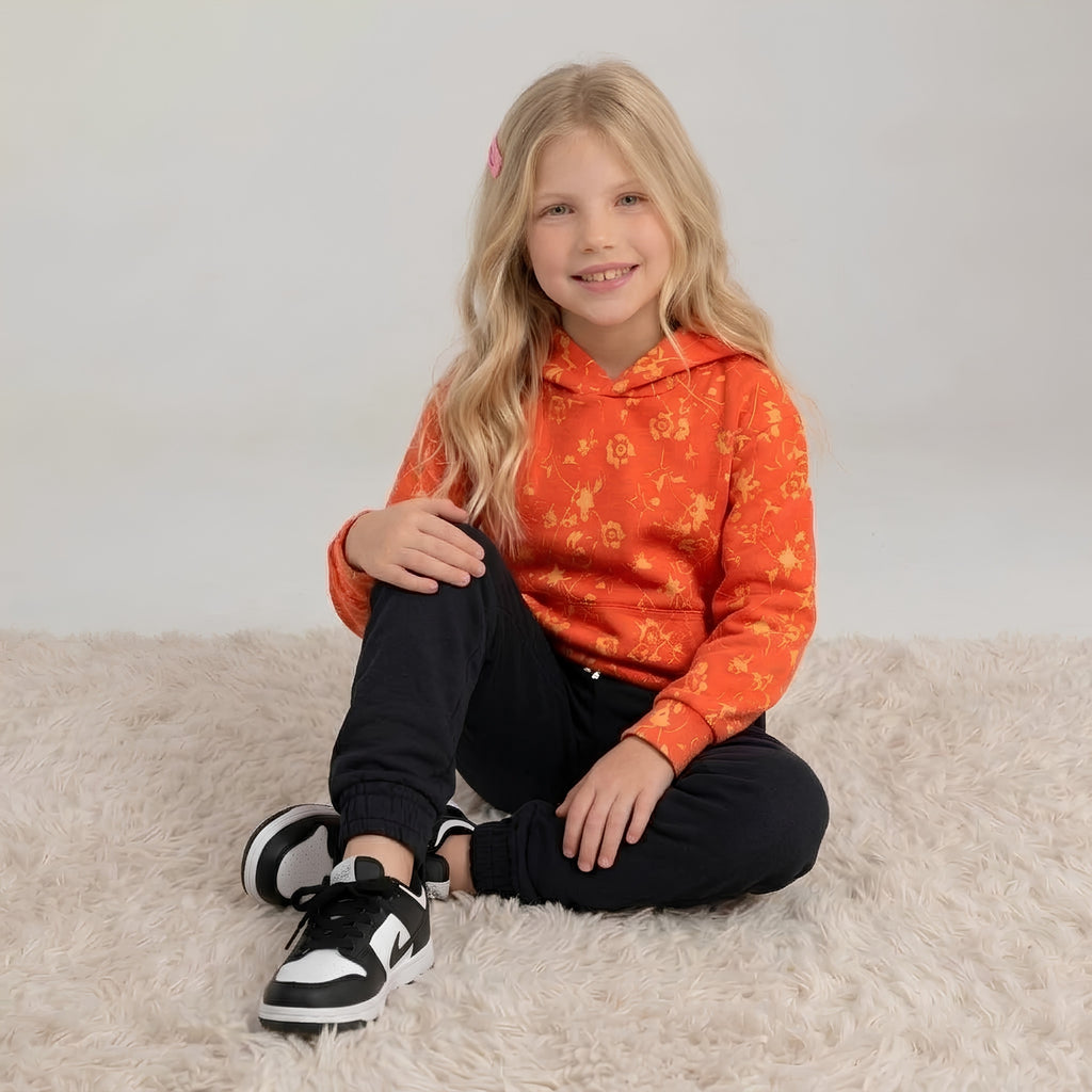 Girls Orange Floral Hoodie Set