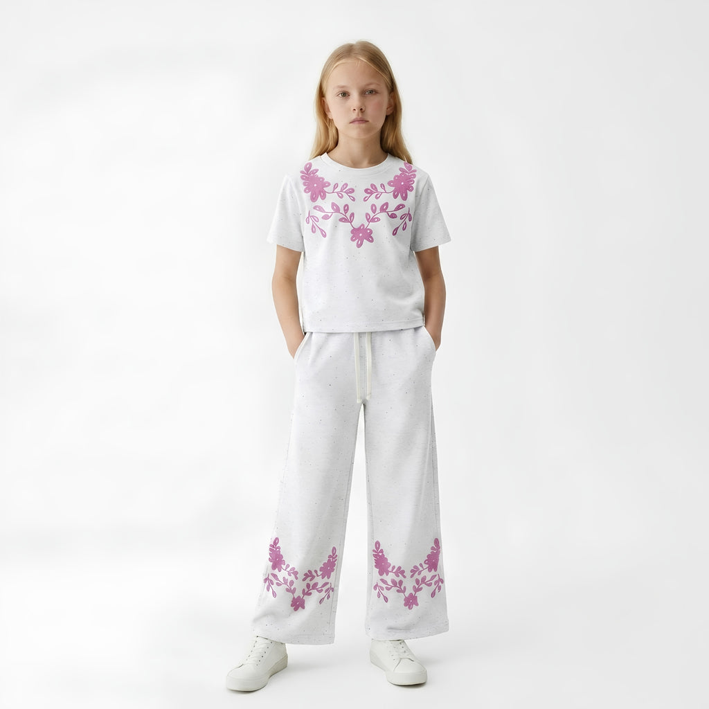 Girls Pink Floral Trouser Set