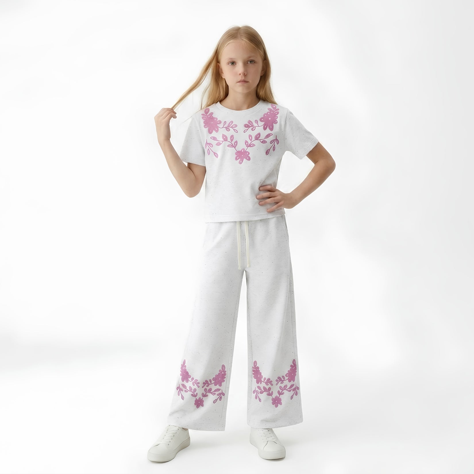 Girls Pink Floral Trouser Set
