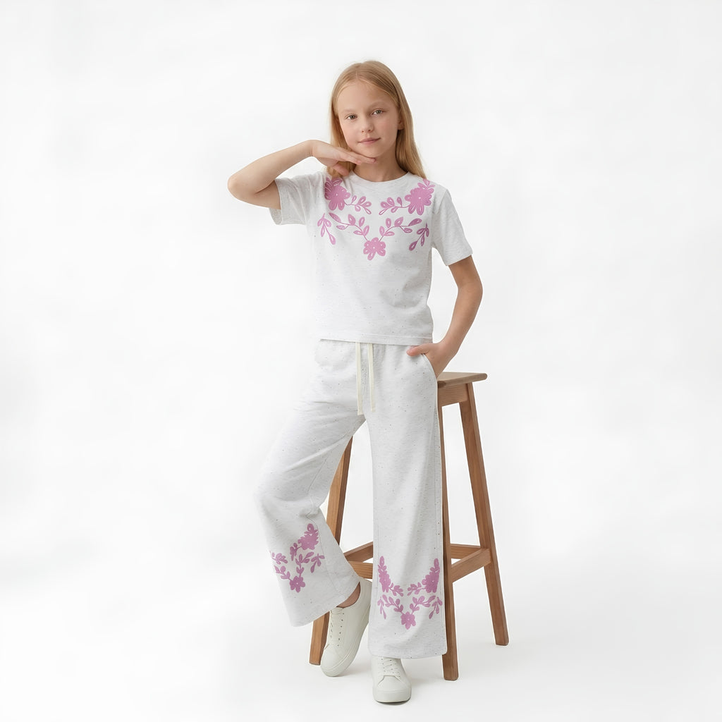 Girls Pink Floral Trouser Set